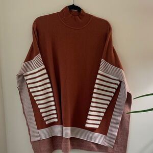 Zenana Women's Rust and White Striped Turtleneck Sweater oversized Boxy SZ M
